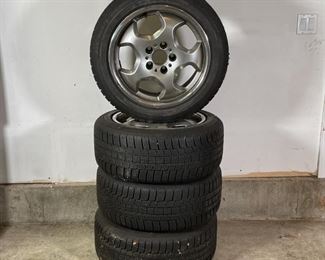 (4pc) RIMS & SNOW TIRES | 225/50R17 tires, owner says they are off of a mid-2000s BMW 5 series, with 5 lug / 5 spoke JIL rims 
