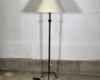 WROUGHT IRON FLOOR LAMP | Brown metal floor lamp on a tripod base; h. 56 x shade dia. 18 x base w. 12 in. [shade with soiling, needs replacement] 