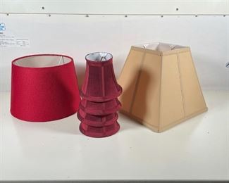 (6pc) LAMP SHADES | Including a set of 4 matching small shades in a dark burgundy color, a round red shade, a square cream / off-white shade (9 x 10-1/2 x 10-1/2 in.) 