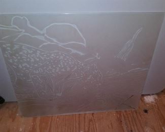 Leopard etched glass, SOLD