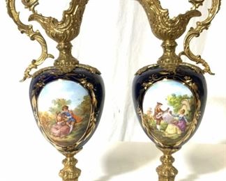 Antique Hand Painted Porcelain & Brass Ewers
