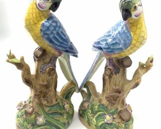 Pair Vntg Trademarked Hand Painted Parrot Figurals
