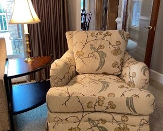 Huntington House upholstered chair, pair of tiered end tables