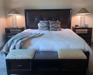 King size Bernhardt leather bed, matching night stands and storage bench