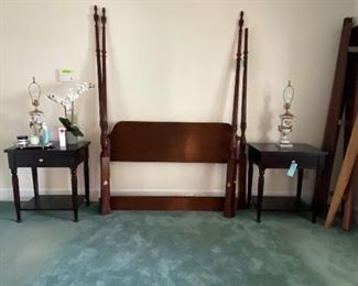 Henkel Harris Queen size 4 poster bed with canopy, Pair Bernhardt night stands