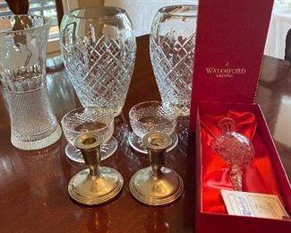 Edinburgh Crystal Vases, Waterford Crystal tree topper, Pewter candle sticks