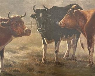 Antique Oil Painting, Cows in Field, Unsigned