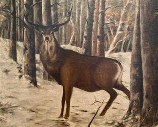 Antique Oil Painting, Deer in Forest, Unsigned