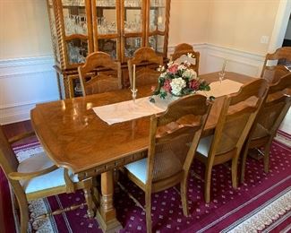 Another stunning Dining table w/8 chairs (2 arm and 6 side) 2 leaves and matching lighted China Cabinet