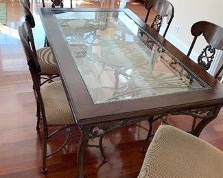 Wrought iron, wood, and glass dining/kitchen table w/6 chairs