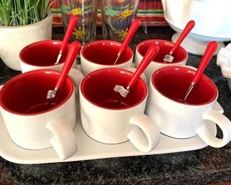 2 set of 6 Crate & Barrel hot coco cups w/tray and spoons