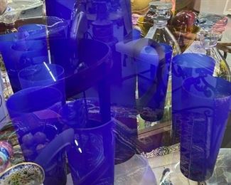 Mid Century Modern Cobalt Blue Frosted Pitcher and 6 Glasses - $250