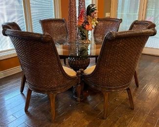 MARGE CARSON Pineapple Base Glass Topped Table with Rattan Chairs Set