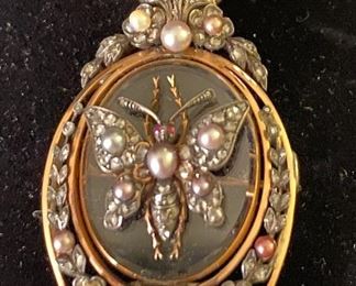 14K Yellow & White Gold, Cultured Pearl, Rock Crystal Quartz & Ruby Vintage Brooch with 14K Gold Enhancer Bail.