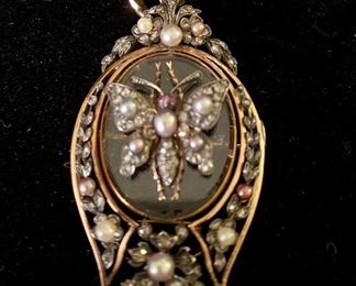 14K Yellow & White Gold, Cultured Pearl, Rock Crystal Quartz & Ruby Vintage Brooch with 14K Gold Enhancer Bail.