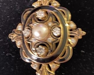 14K Yellow Gold, Cultured Pearl, Diamond & Black Enamel Pin/Pendant.