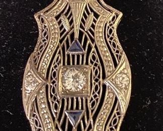 18K White Gold, Blue Sapphire & Diamond Filigree Pendant.