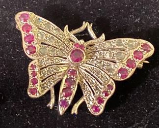 14K White Gold, Diamond & Ruby Butterfly Pin.