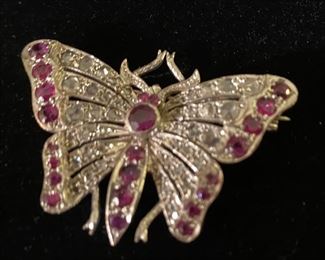 14K White Gold, Diamond & Ruby Butterfly Pin.