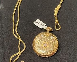 14K Multicolor Gold & Diamond Hunter Case Pocket Watch with 14K & 18K Double Albert Watch Chain.