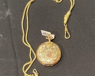 14K Multicolor Gold & Diamond Hunter Case Pocket Watch with 14K & 18K Double Albert Watch Chain.