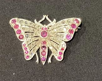 14K White Gold, Diamond & Ruby Butterfly Pin.