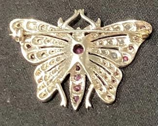 14K White Gold, Diamond & Ruby Butterfly Pin.