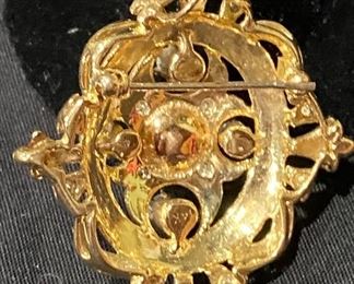 14K Yellow Gold, Cultured Pearl, Diamond & Black Enamel Pin/Pendant.