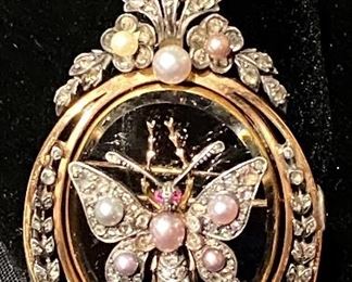 14K Yellow & White Gold, Cultured Pearl, Rock Crystal Quartz & Ruby Vintage Brooch with 14K Gold Enhancer Bail.