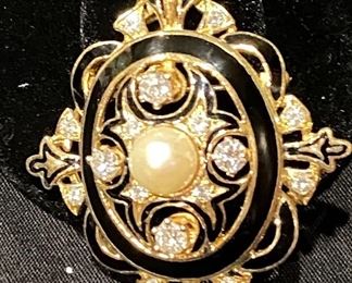 14K Yellow Gold, Cultured Pearl, Diamond & Black Enamel Pin/Pendant.