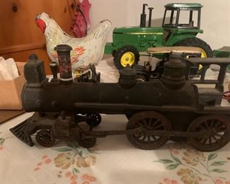 Cast Iron Train Engine & Coal Car, Tin Litho Egg Laying Chicken, John Deere Tractor