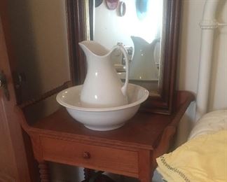 Antique Wash Stand , Antique Pitcher and Bowl by Meakin and Antique Framed Beveled Mirror