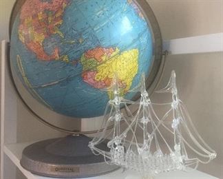 Vintage World Globe, Blown Glass Sailing Ship
