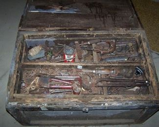 INTERIOR OF OLD WOODEN TOOLS CHEST