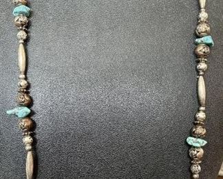 Vintage Sterling Silver Bead And Turquoise Necklace 31" Long And Weighs 35.4 Grams