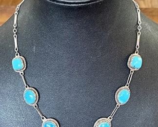 Stunning Sterling And Turquoise Southwestern Necklace And Earrings Made By RH For Elvira 1980