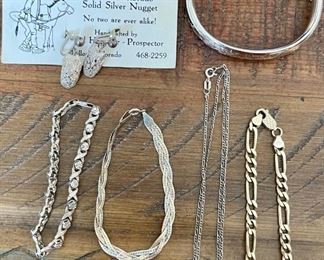 Vintage Collection Of Sterling Silver Bracelets, Necklace And Earrings (1) Gold Wash Total Weight 44.9 Grams