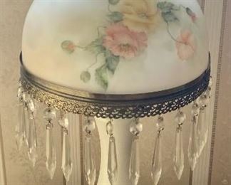 Vintage Hand-Painted Hurricane Lamp With Brass Base And Prisms