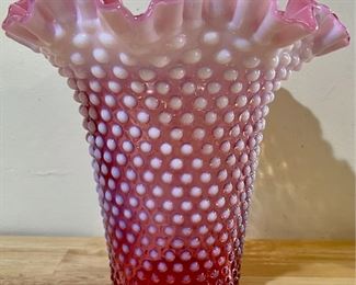 Vintage Fenton Cranberry Hobnail Tall Ruffled Vase
