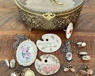 Vintage Brass Ormolu Beveled Glass Jewelry Box With Hand Painted Earrings, Pendants, Rings & More