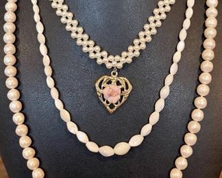 Lucoral Vintage Mother Of Pearl Necklace, Faux Pearl Strand & 1928 Bead And Flower Necklace 