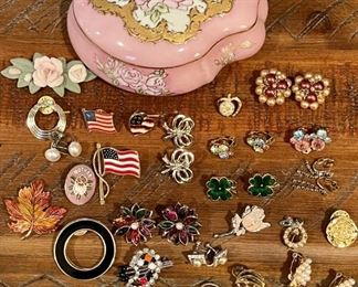 Vintage Hand Painted Covered Dresser Jar With Assorted Earrings & Pins, Jadeite, Rhinestone And More