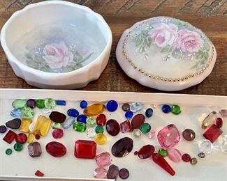 Large Lot Of Faceted Colored Glass Gemstones Assorted Sizes With Hand Painted Porcelain Trinket Box 