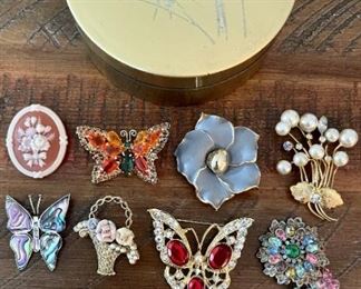 High End Vintage Rhinestone Pins Including, Sterling Silver, Angel Skin Coral, Lia,  Abalone, Jade & More