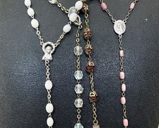 (4) Lovely Vintage Rosaries, Aurora Borealis Beads, Pink Mother Of Pearl, Gold Tone Encased Beads & White