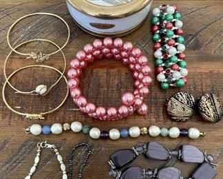 The Art Of Chokin 24K Gold Trim Trinket Dish With Vintage Jewelry, Earrings & Bracelets, Avon, Napier, Bead