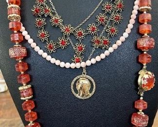 Lot Of Vintage Bead & Gold Tone Necklaces, Angel Skin Pink Coral Beads, Red Rhinestones,  White Beads & More