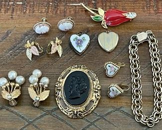 Antique Jewelry,  Black Mourning Cameo Pendant, Elco 12K GF Chain Bracelet, Cameo Earrings, Austria Earrings