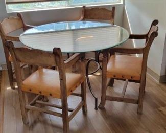 Dining Room Set with Vintage Wood and Leather Chairs