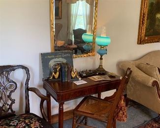 SWIVEL TOP CARD TABLE, old converted oil lamp